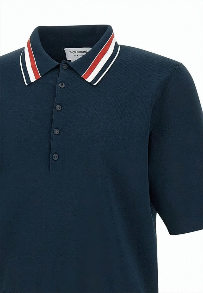 Thom Browne Navy Polo Shirt With Striped Collar And Side Button Details