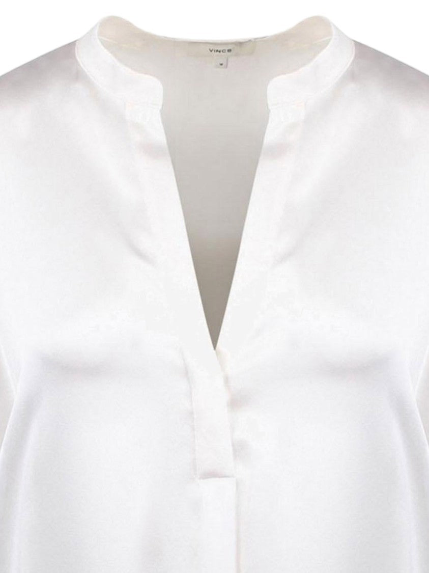 Vince Silk V-Neck Blouse With Mandarin Collar And Adjustable Cuffs
