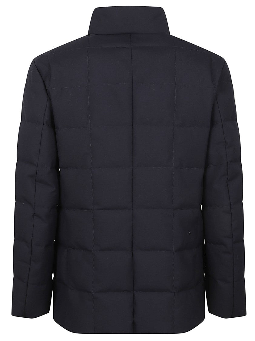 Fay Navy Blue Down-Filled Quilted Jacket With Checked Pattern