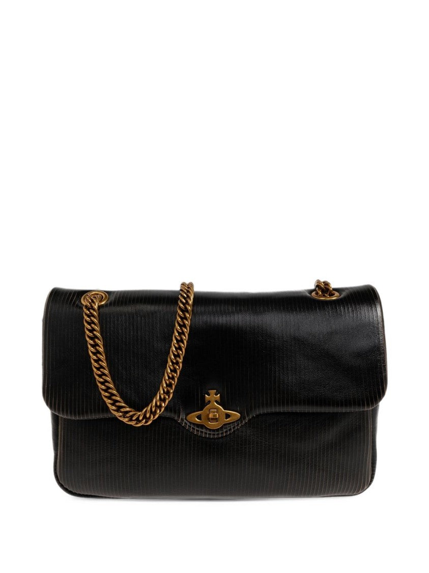 Vivienne Westwood Textured Black Handbag With Gold-Tone Emblem And Chain Strap