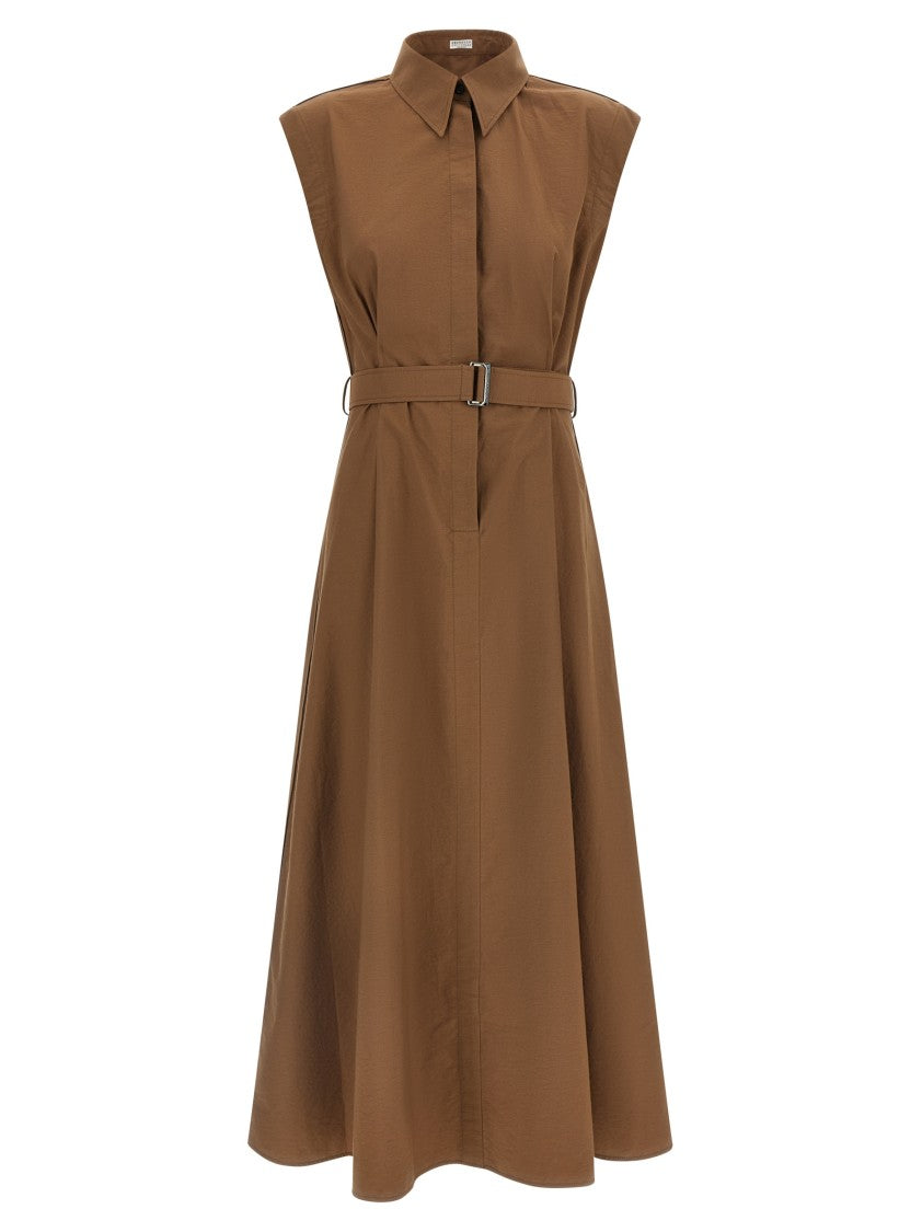 Brunello Cucinelli Techno Cotton Midi Dress With Chemisier Style And Hourglass Silhouette