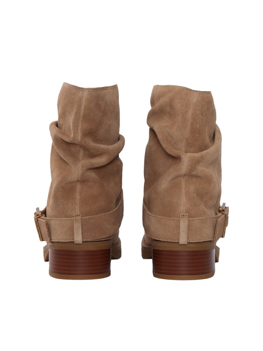 Michael Kors Brown Suede Slouchy Ankle Booties With Decorative Buckle