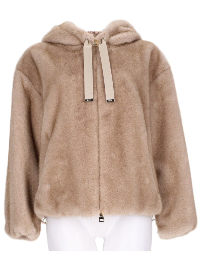 Herno Eco-Fur Textured Bomber Jacket With Hood And Drawstring Detail