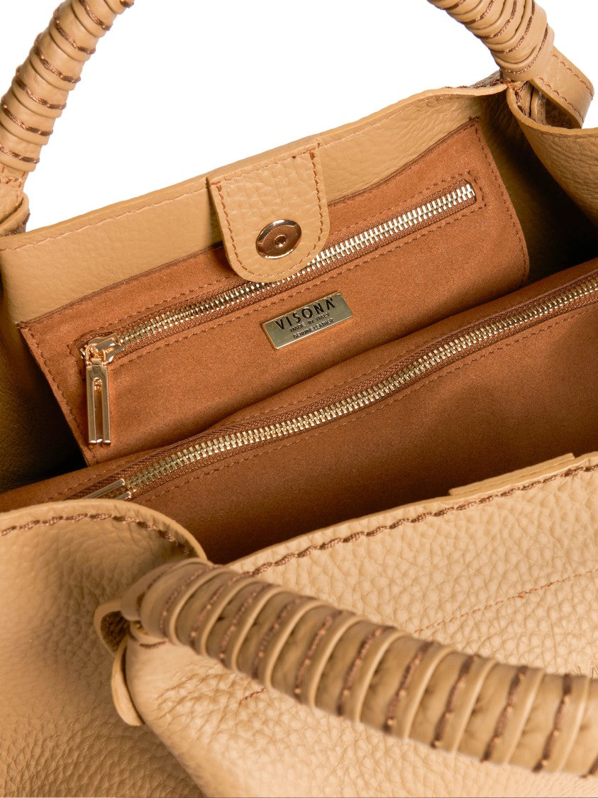 Visona` Brown Queen Medium Pebbled Leather Handbag