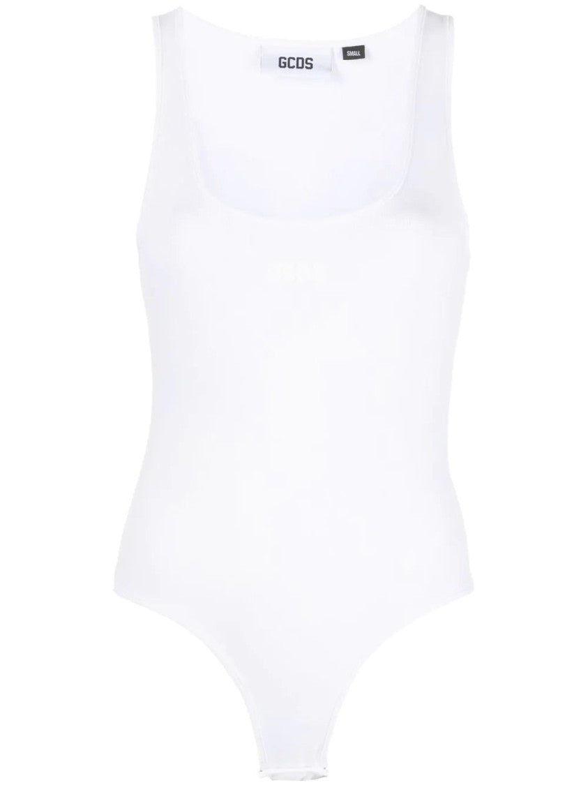 Gcds Smooth-Finish White Jersey Bodysuit With Scoop Neckline