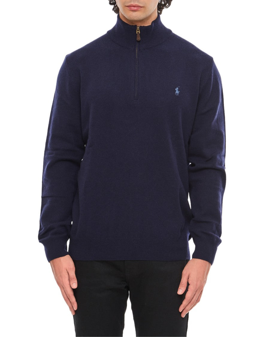 Polo Ralph Lauren Blue Ribbed Trim Merino Wool Half-Zip Sweater