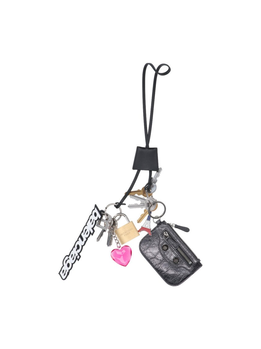 Balenciaga Silver-Tone Metal Keychain With Multicolor Logo Charms