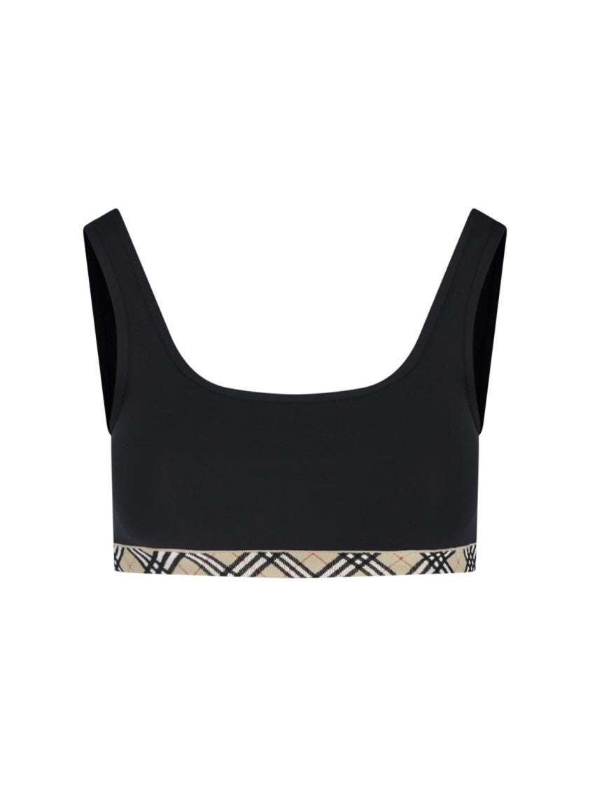 Burberry Black Square Neck Plaid Accented Top