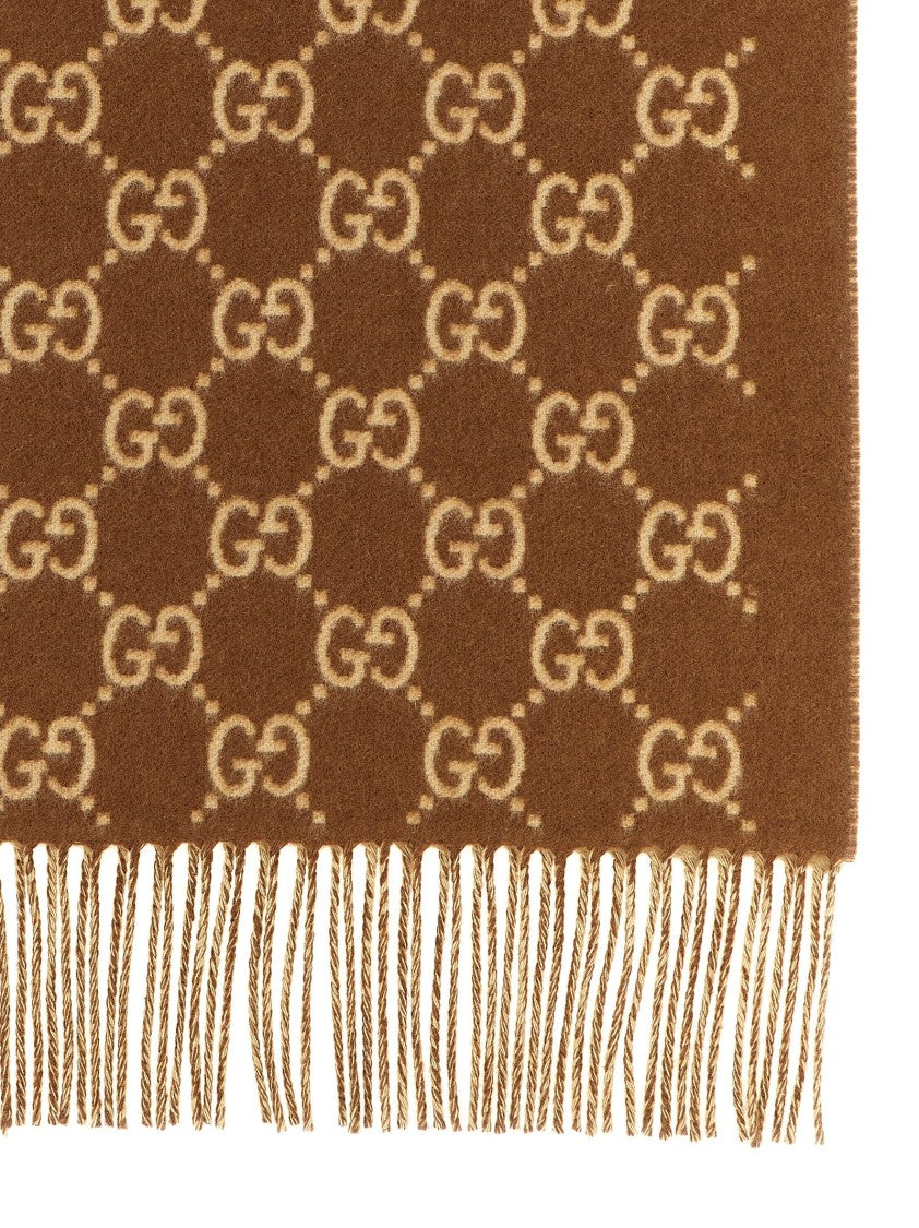 Gucci Interlocking Gg Pattern Cashmere Scarf With Fringed Edges