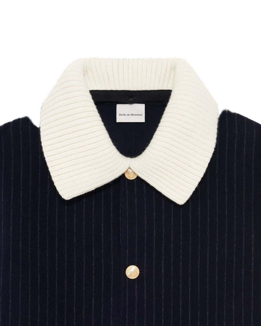 Drôle De Monsieur Dark Navy Striped Double-Sided Wool-Blend Coat