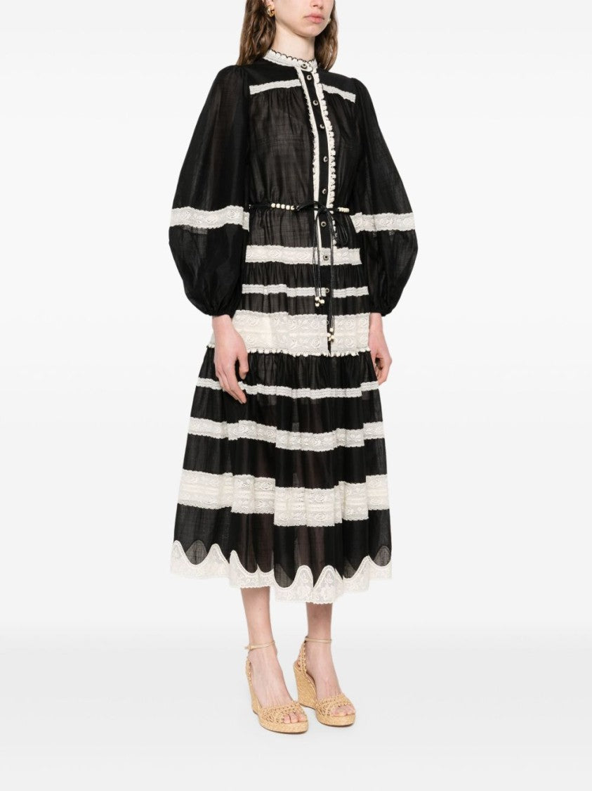 Zimmermann Black And White Striped Midi Dress With Puff Sleeves