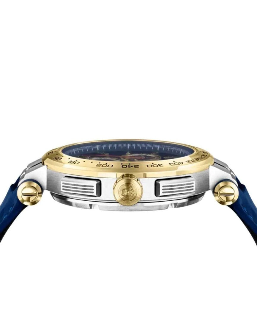 Versace Chronograph Watch With Blue Dial And Leather Strap