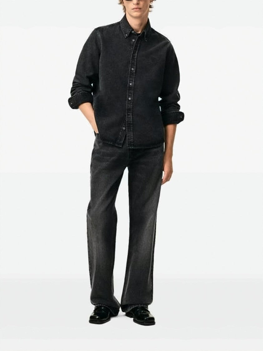Ami Paris Classic Button-Up Shirt With Vertical Navy Stripes