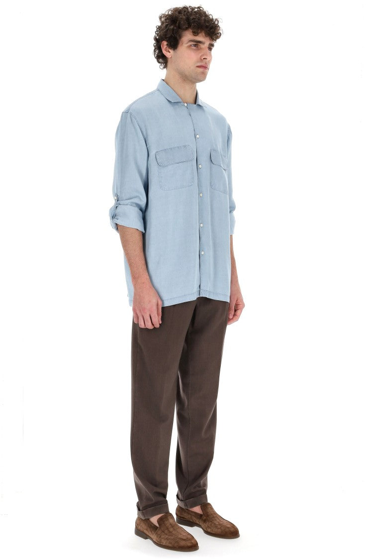 Officine Generale Leto Model Lyocell Bowling Collar Shirt