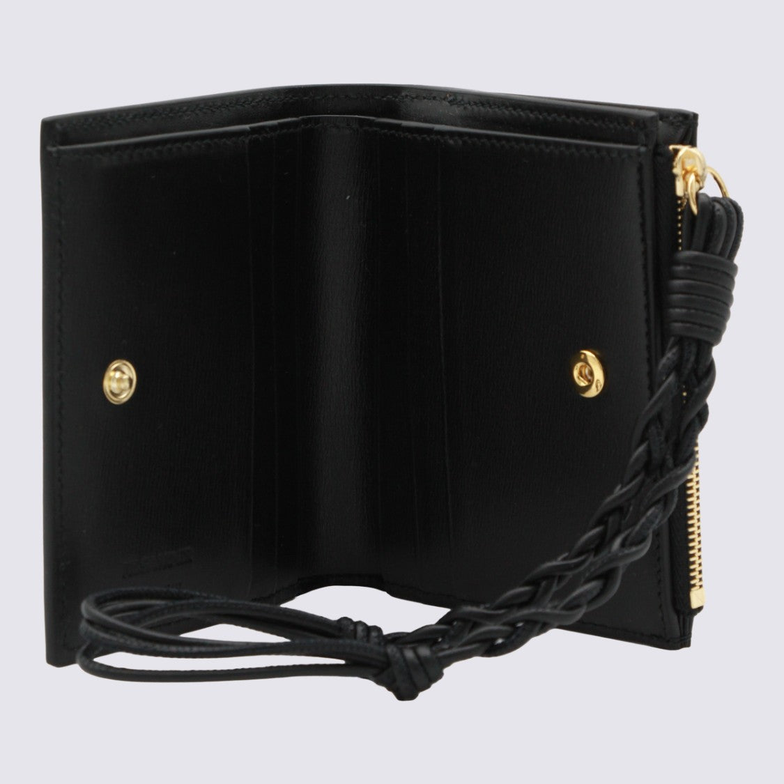 Jil Sander Compact Black Wallet With Gold Hardware And Braided Strap