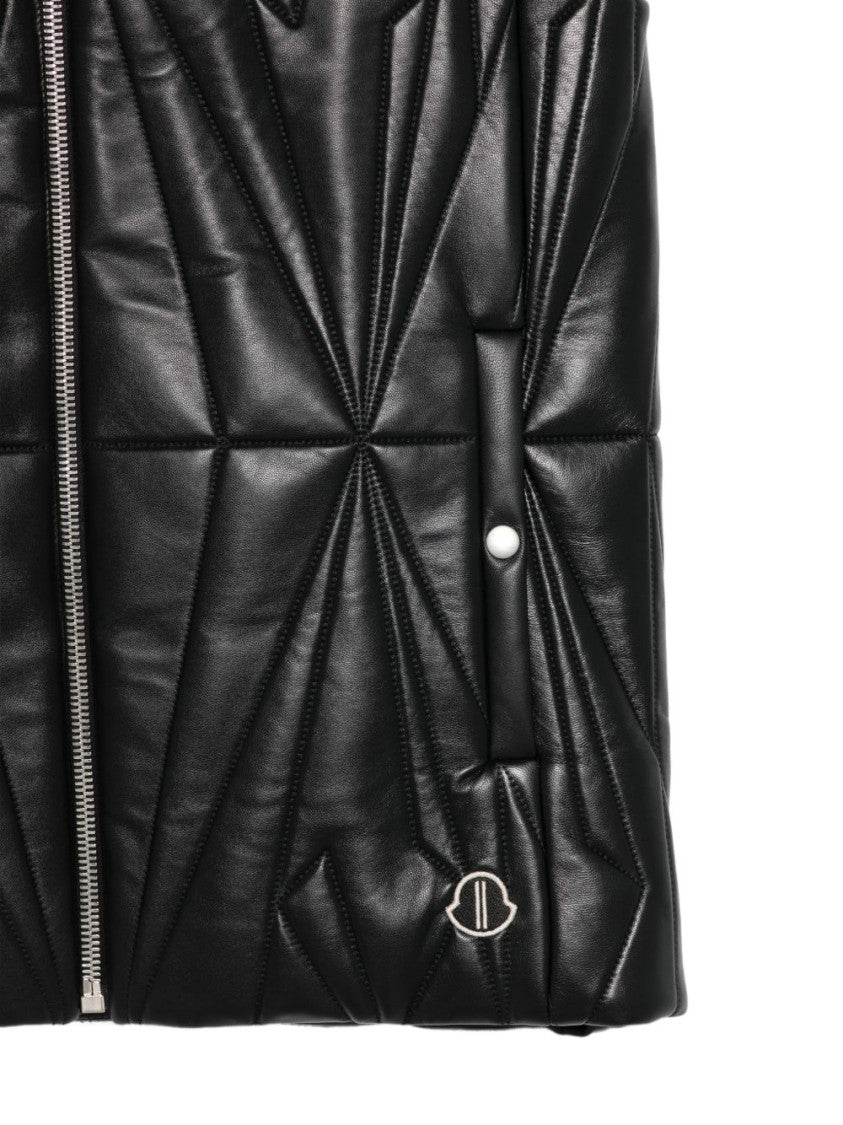 Rick Owens X Moncler Quilted Black Leather Vest With Ribbed Collar And Logo Detail