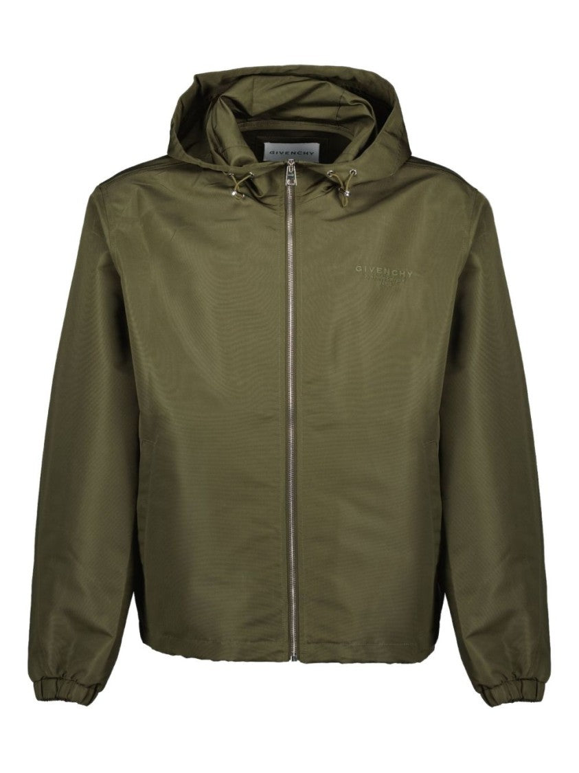Givenchy Khaki Hooded Zip Front Embroidered Jacket