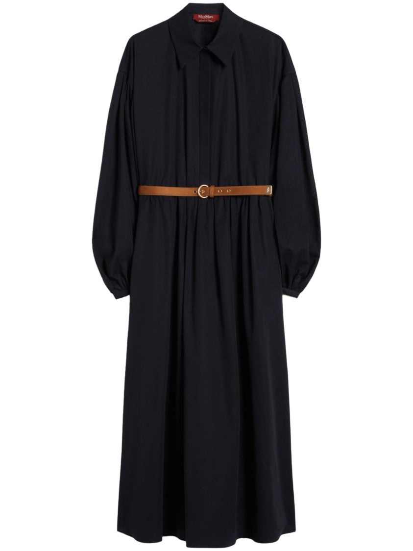 Max Mara Black Midi Dress With Puff Sleeves And Brown Belt