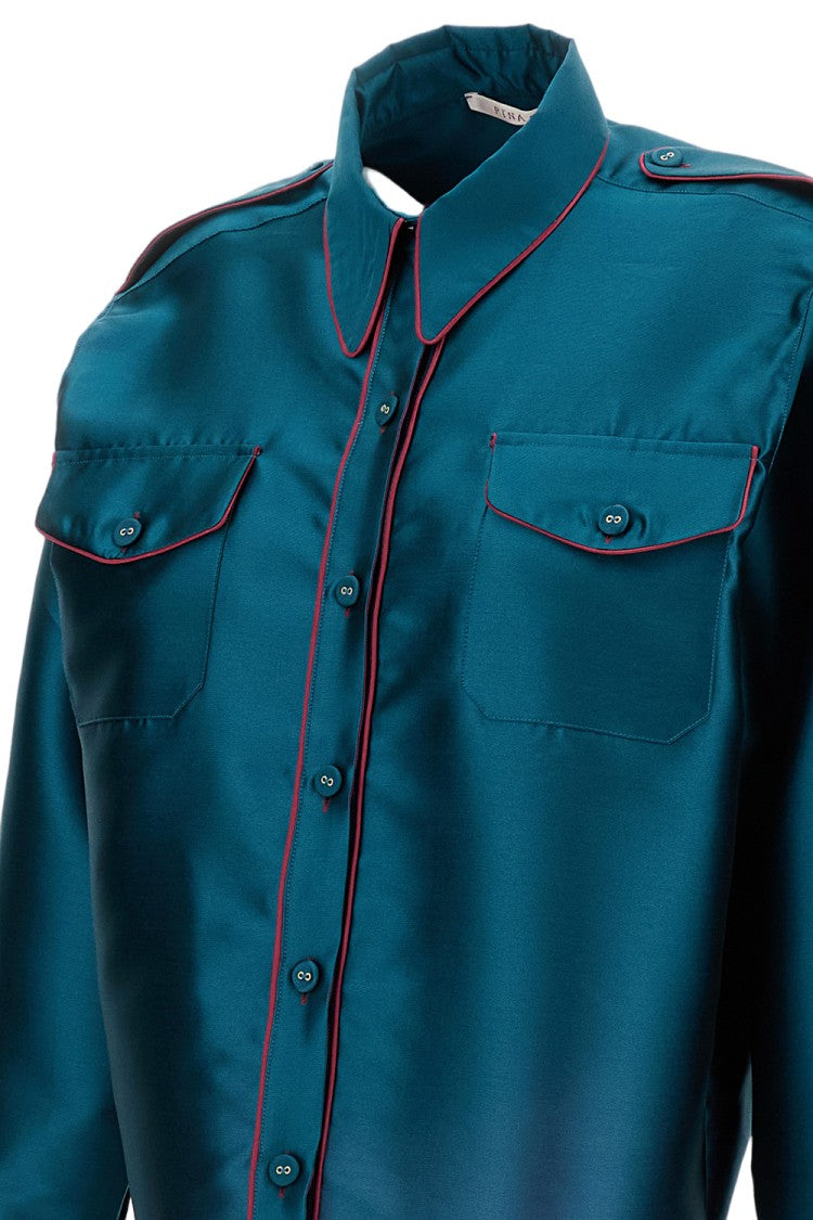 Pinag Cropped Teal Silk Shirt With Contrast Piping
