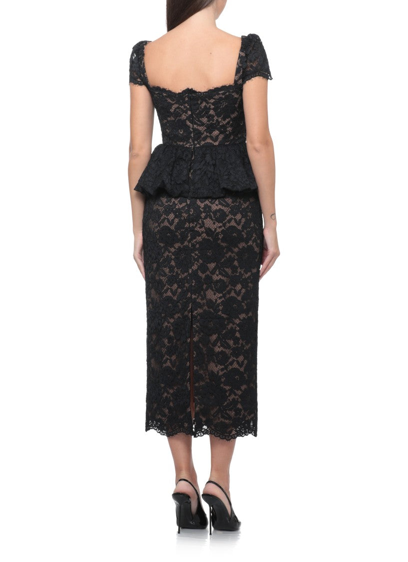 Self-Portrait Peplum Black Lace Midi Dress With Intricate Detailing