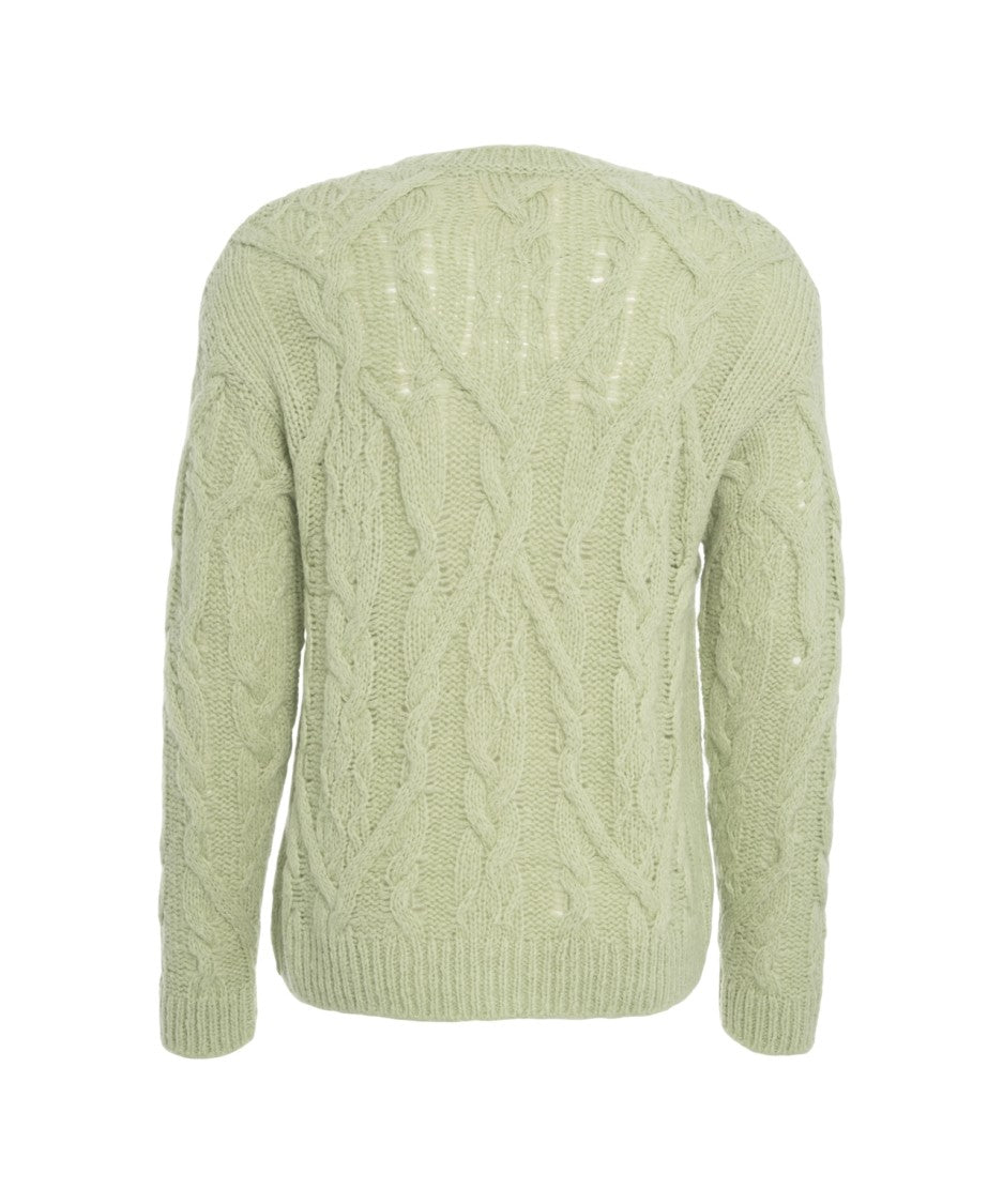 Closed Green Cable Knit Sweater With Round Neckline And Ribbed Hems