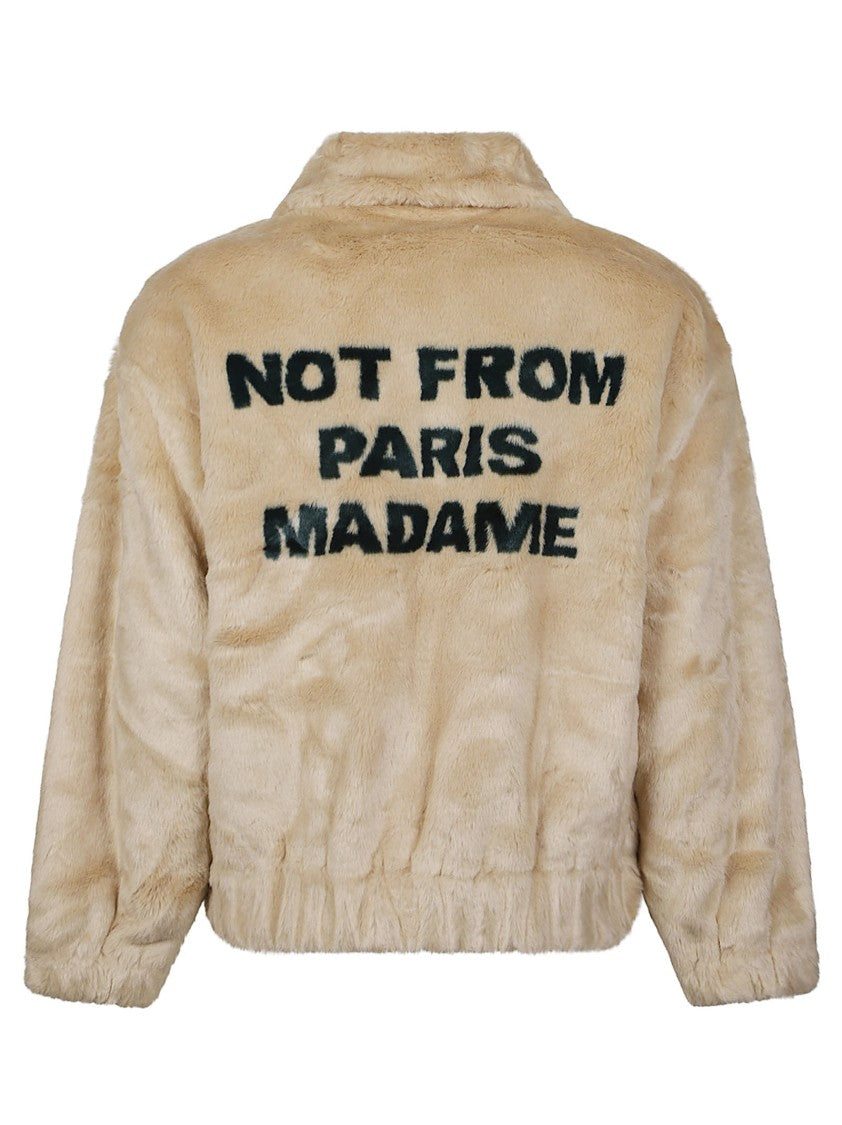 Drôle De Monsieur Slogan Cropped Embroidered Faux Fur Jacket