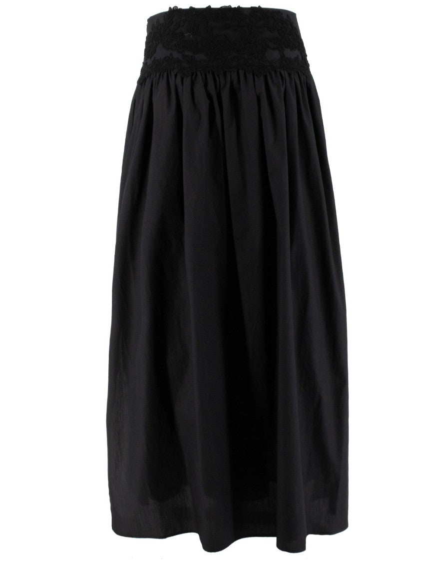 Ermanno Scervino Floral Lace Waistband Flowing Black Cotton Maxi Skirt