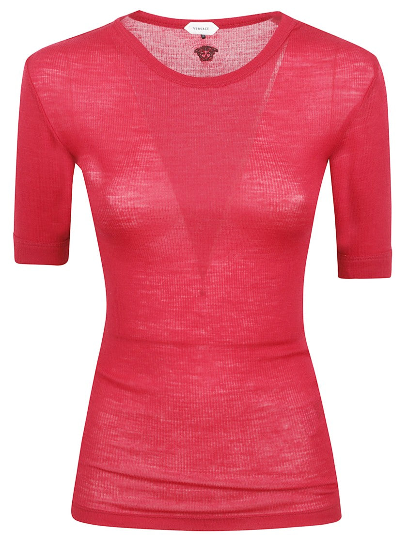 Versace Fitted Ribbed Knit Top With Embroidered Medusa Motif