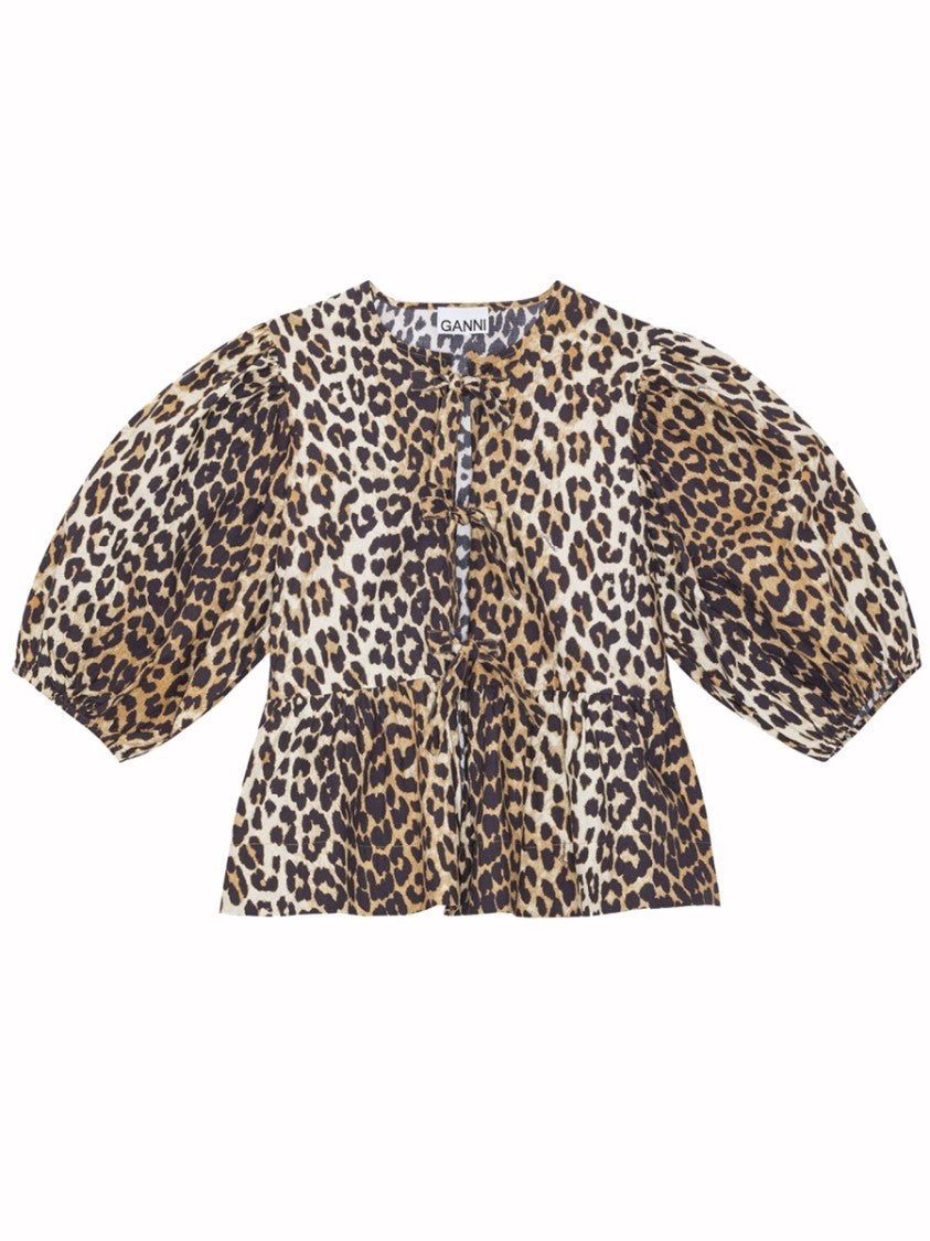 Ganni Multicolor Animal Print Puff Sleeves Cotton Blouse