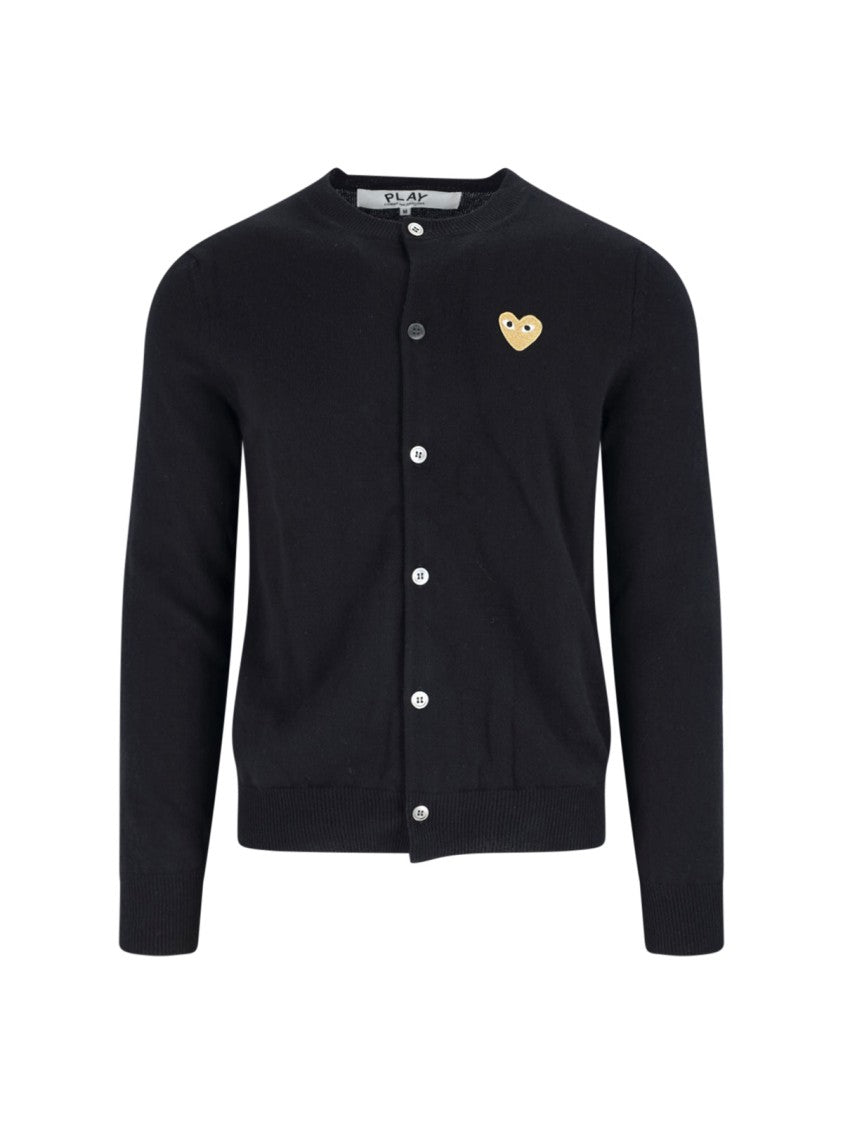 Comme Des Garçons Round Neck Contrast Logo Black Wool Cardigan