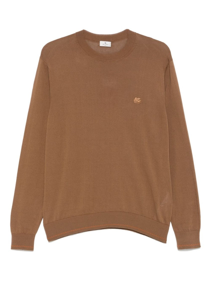Etro Solid Brown Cotton Sweater With Crew Neckline