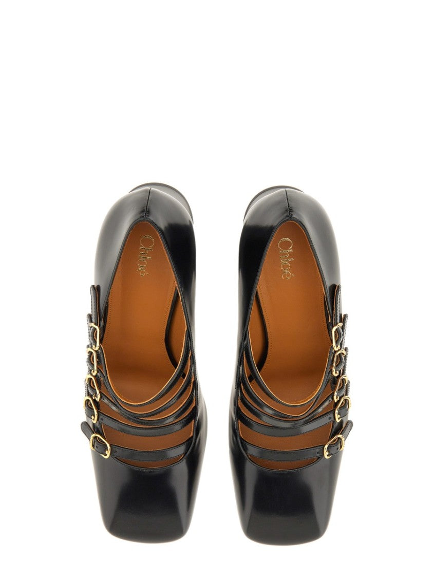 Chloé Pointed Toe Black Calf Leather Heels With Flared Block Heel