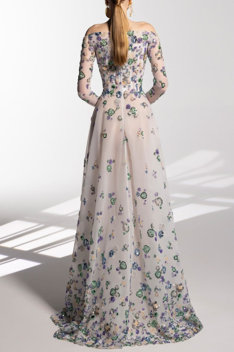 Saiid Kobeisy Multicolor Tulle Beaded Off-Shoulder Flared Long Dress