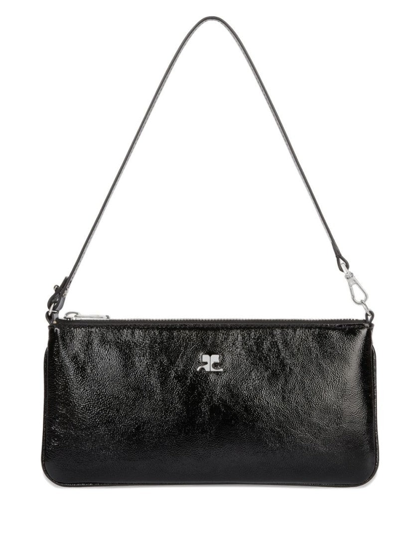 Courrèges Rectangular Black Handbag With Glossy Finish And Silver Emblem