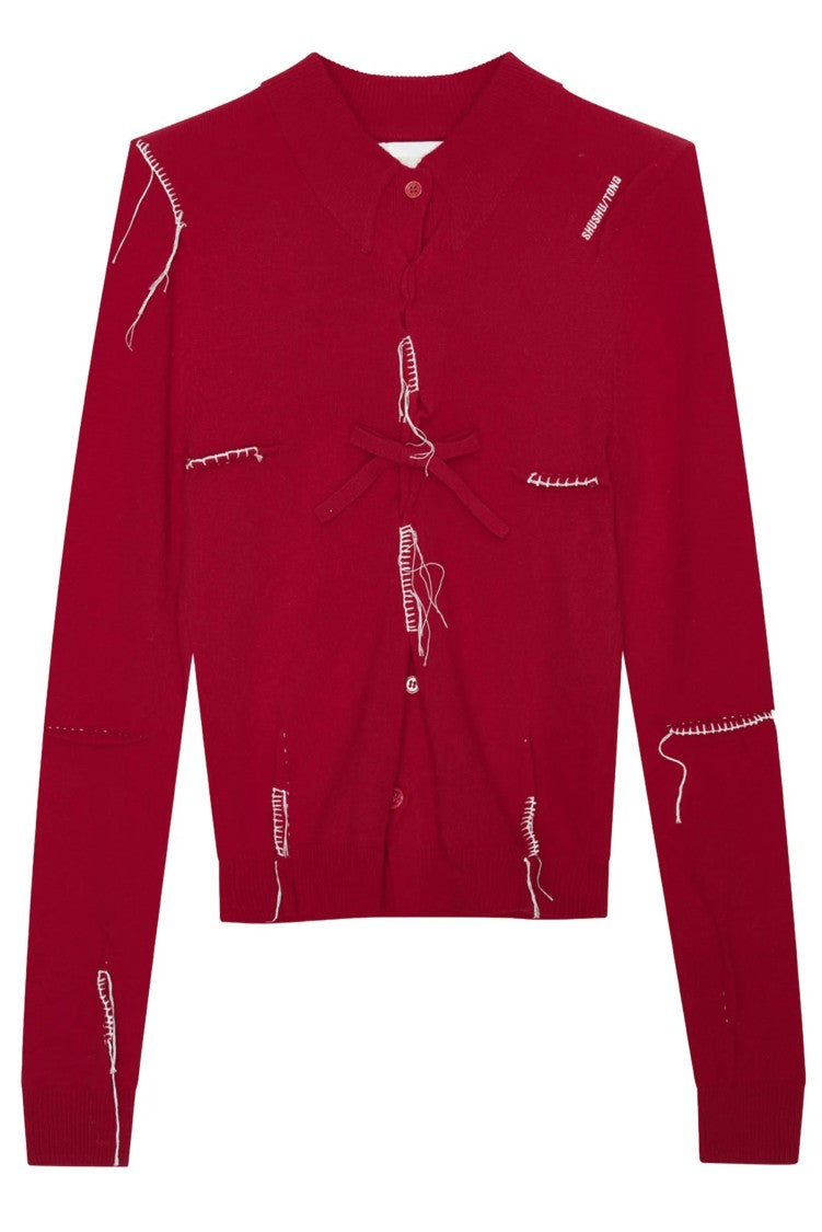 Shushu/Tong Red Pin-Tuck Threadwork Knit Top