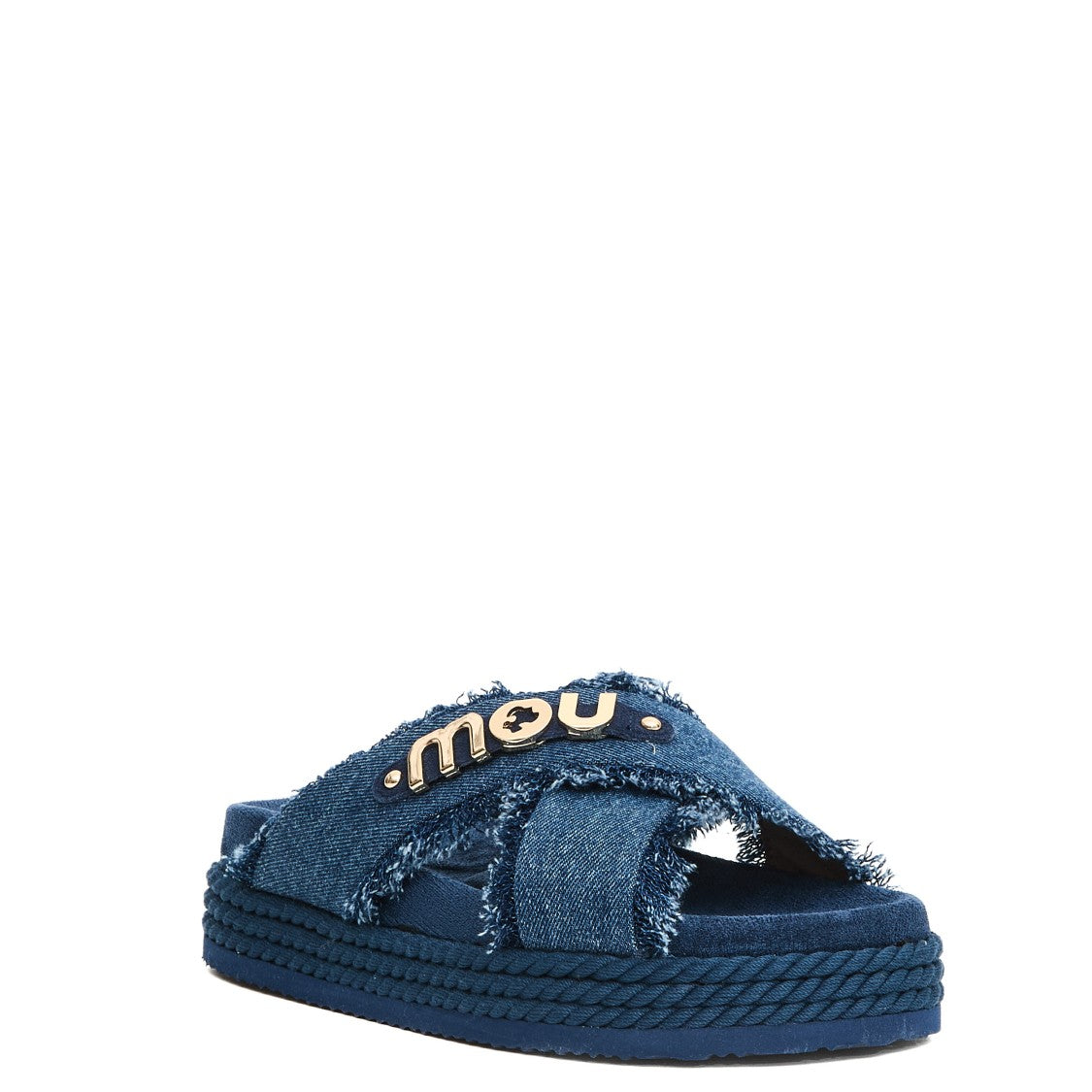 Mou Denim Cross-Strap Sandals With Rubber Platform Sole