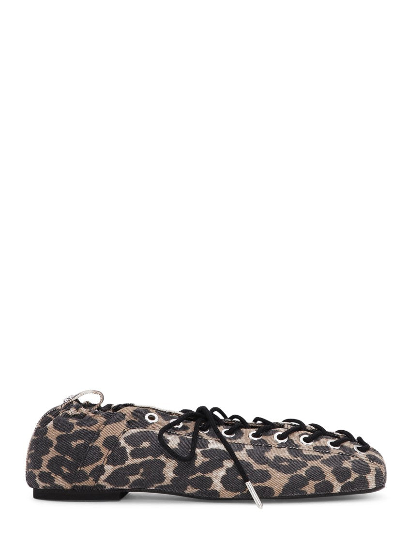 Ganni Denim Print Lace-Up Ballerina Flats With Leopard Pattern