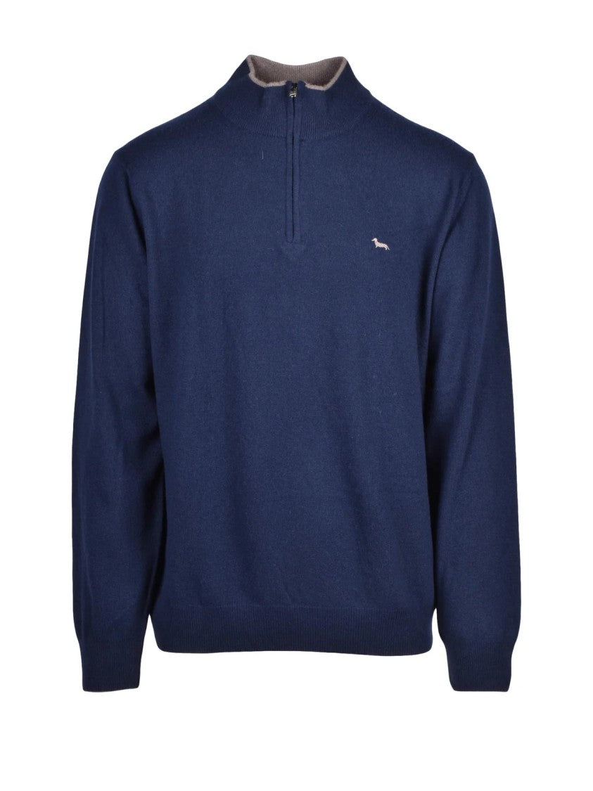 Harmont&Blaine Blue Zip Neck Wool-Blend Sweater