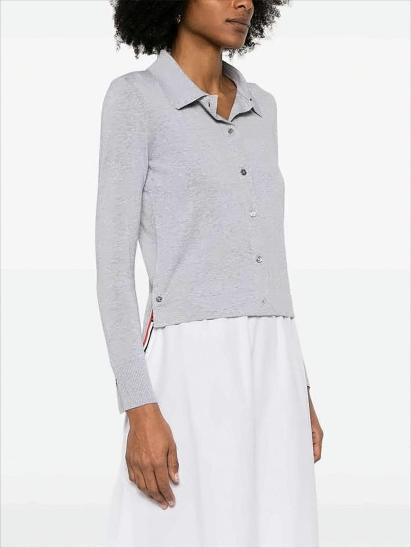 Thom Browne Light Grey Knit Sweater With Classic Collar And Striped Accents