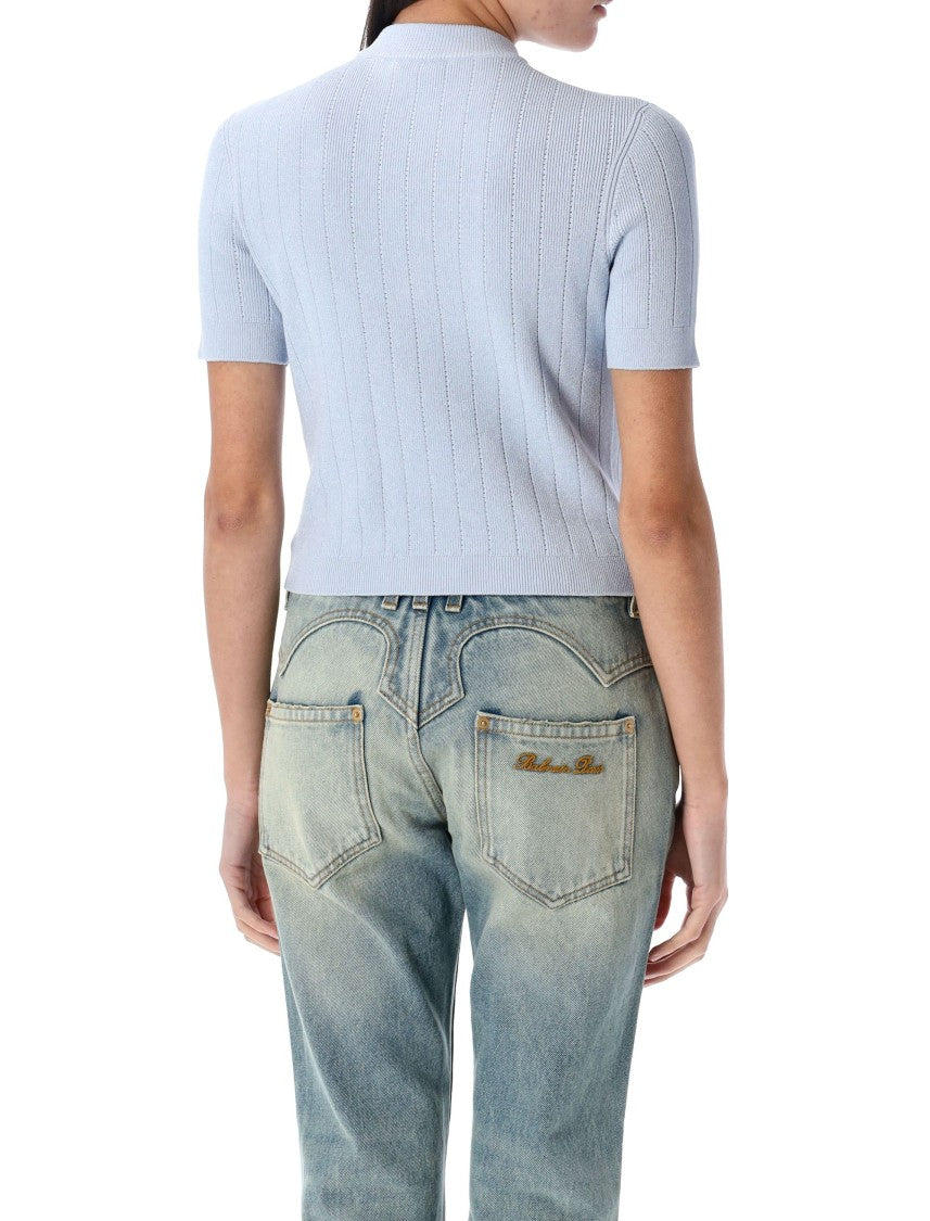 Balmain Fitted Pale Blue Knitted Cardigan