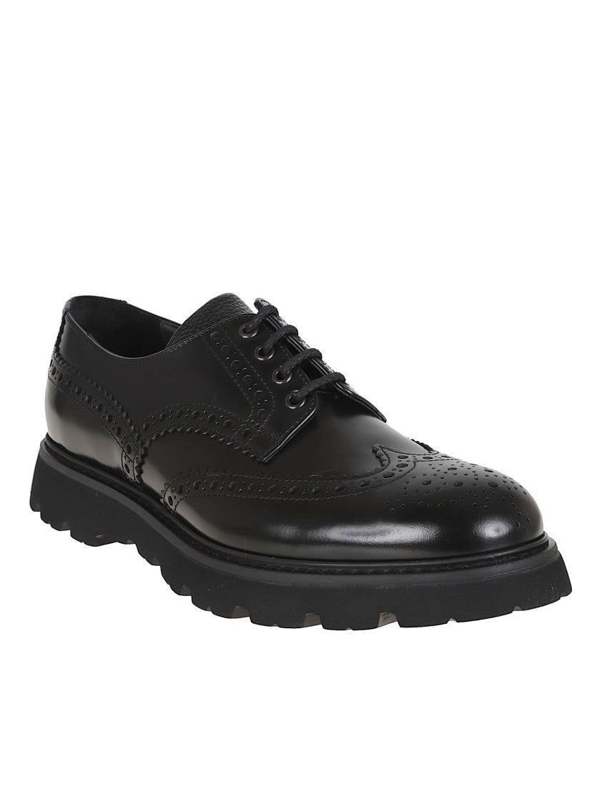 Doucal's Smooth Black Calf Leather Lace-Up Brogue Shoes