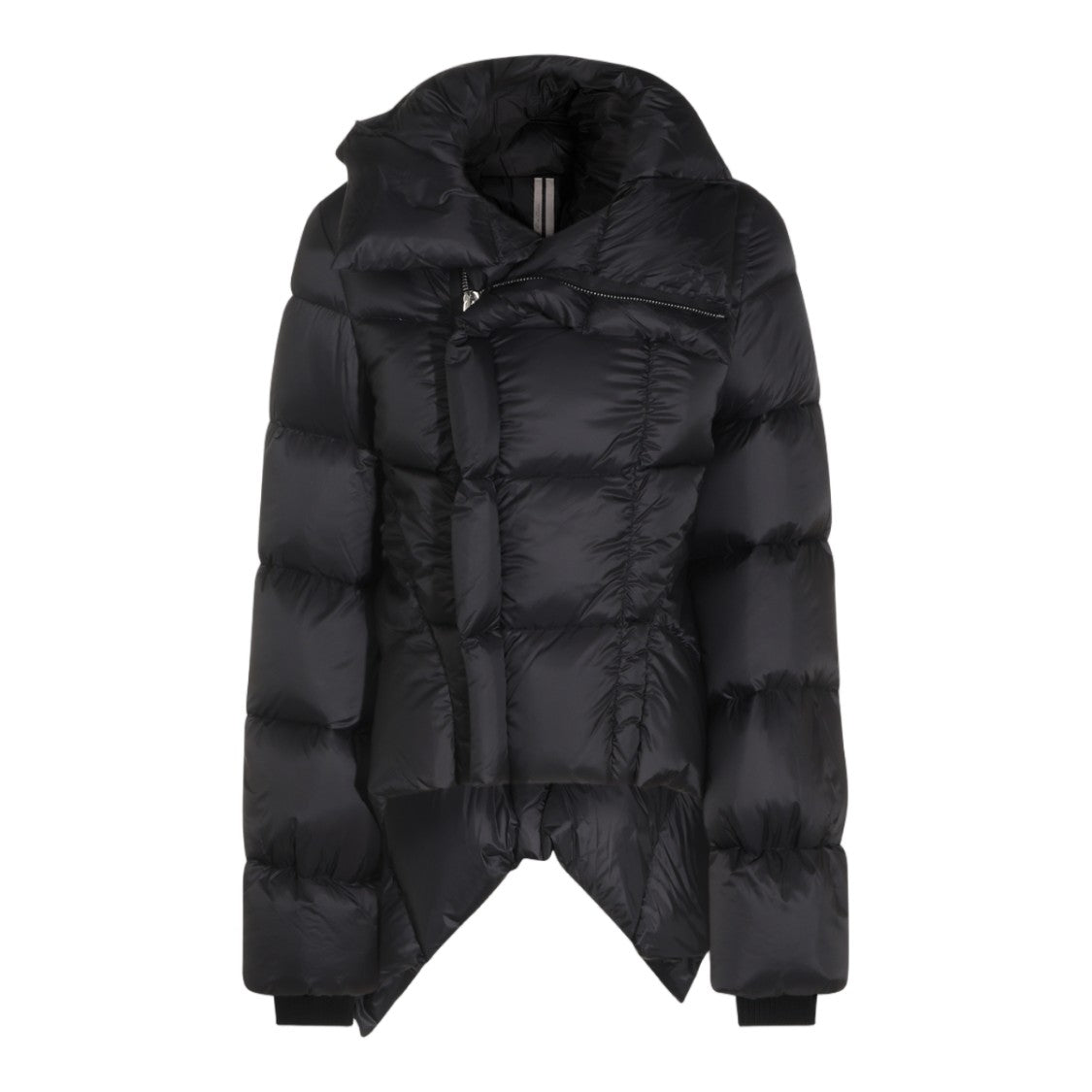 Rick Owens Asymmetrical Hem Puffer Jacket With High Collar And Modern Detailing