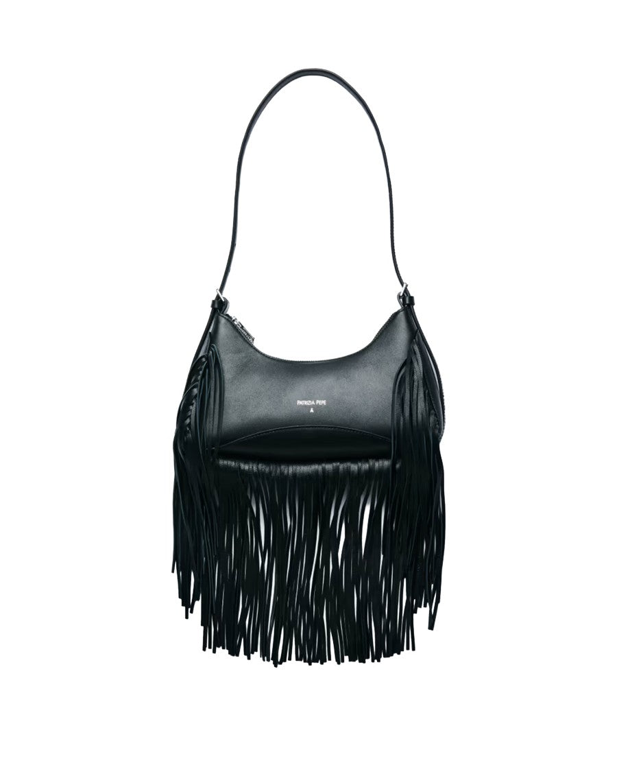 Patrizia Pepe Black Calf Leather Fringed Shoulder Bag
