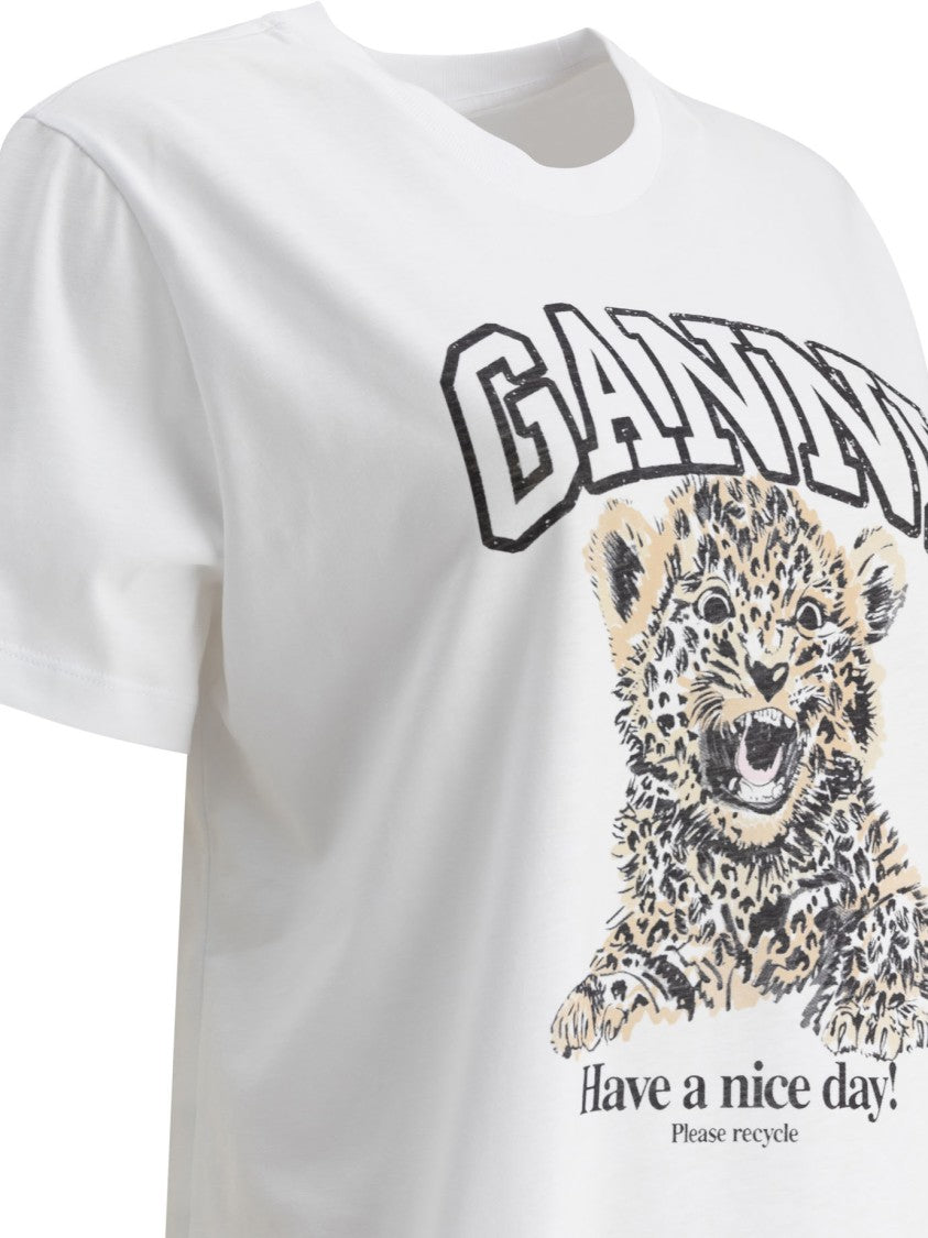 Ganni Graphic Print Cotton T-Shirt With Reinforced Crew Neck