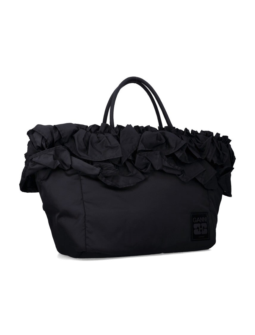 Ganni Black Nylon Ruffled Xxl Shopper Bag