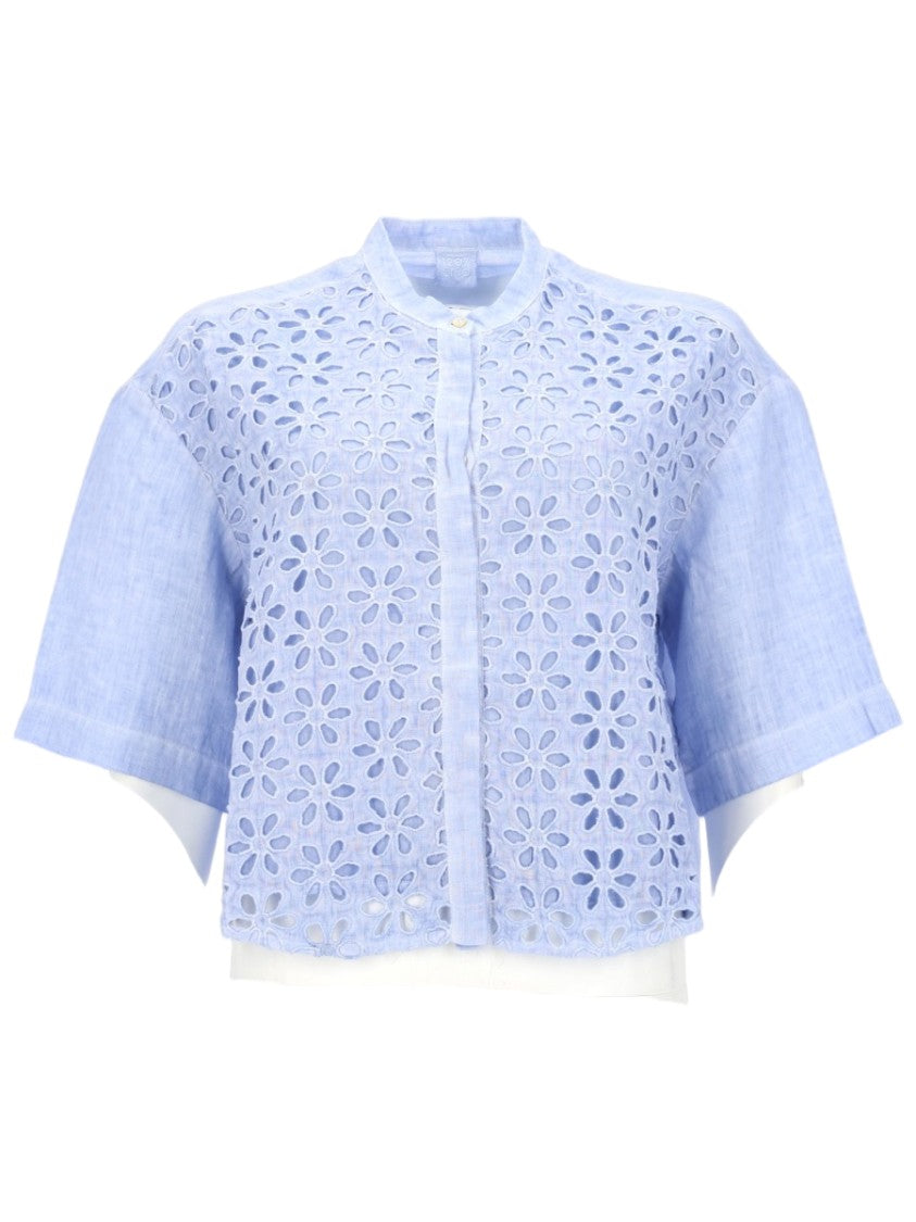 120% Lino Floral Embroidered Cropped Cotton Shirt
