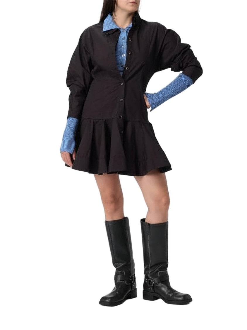 Ganni Structured Black Midi Dress With Ruffled Hem