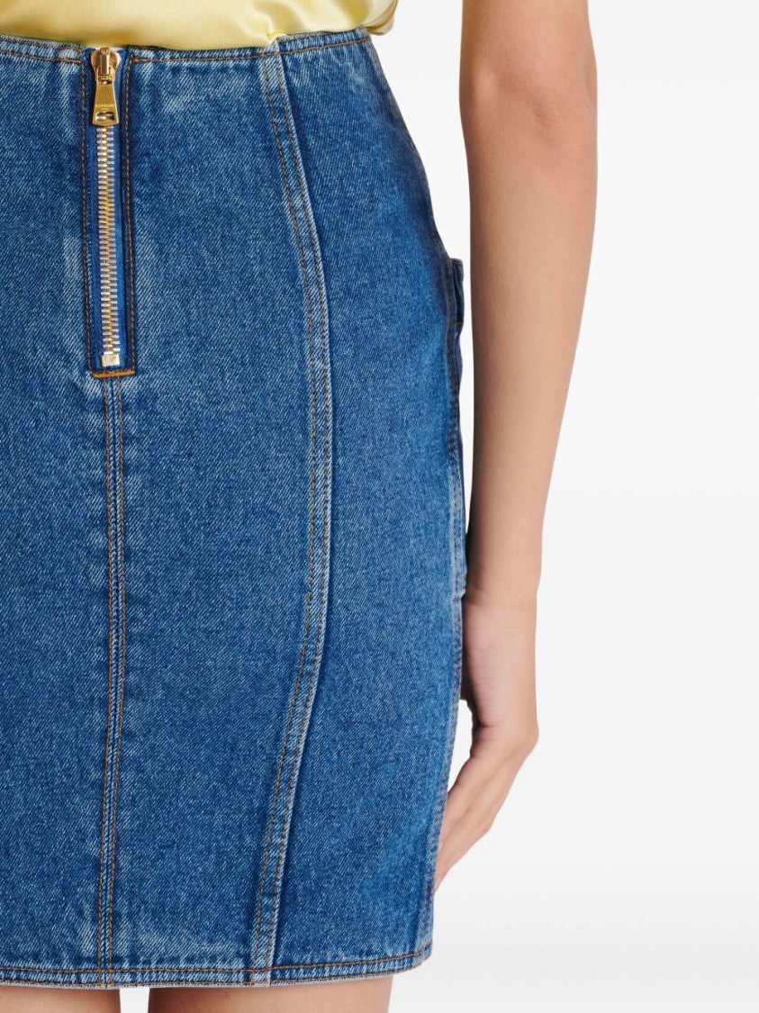 Balmain Structured Denim Buckle Mini Skirt
