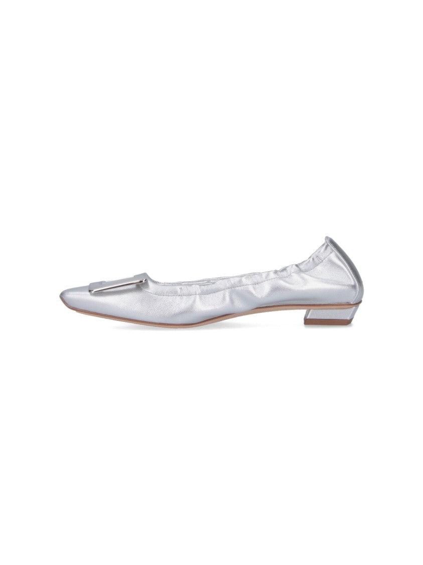 Roger Vivier Metallic Silver Leather Ballerina Flats With Draped Detailing