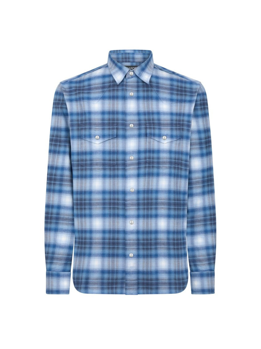 Tom Ford Slim-Fit Blue Checked Shirt With Chest Pockets
